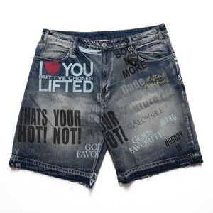 Lifted Anchors Men 42 Blue Graffiti Denim Shorts Streetwear Frayed Hem NWT